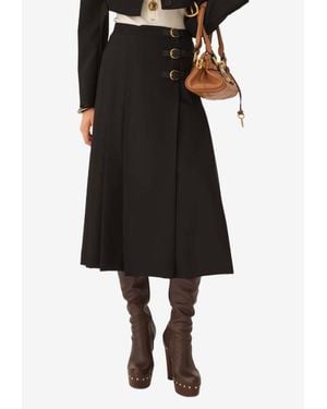 Chloé Wool Grain De Poudre Pleated Midi Skirt - Black