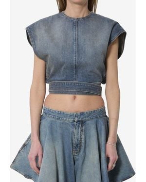Alaïa Wraparound Belted Denim Top - Blue