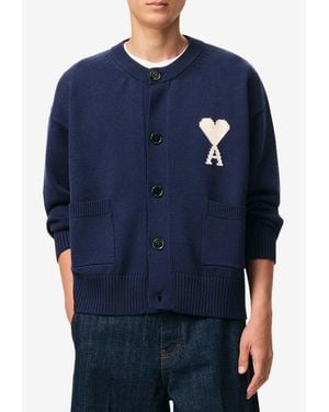 Ami Paris Intarsia Knit Ami De Coeur Ribbed Cardigan - Blue
