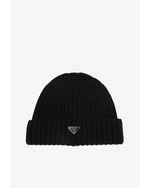 Prada Triangle Logo Ribbed Beanie - Black