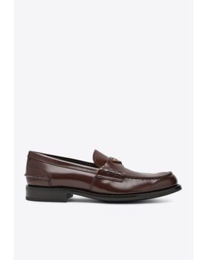 Prada Triangle Logo Brushed Leather Loafers - Brown