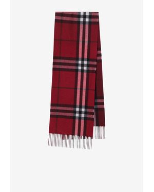 Burberry Faded Check Cashmere Fringed Scarf - Red