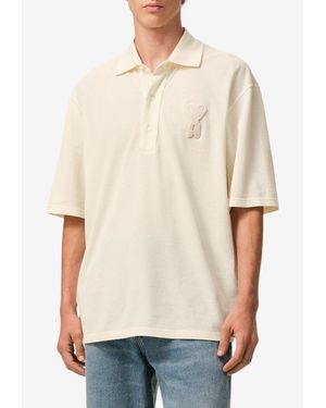 Ami Paris Ami De Coeur Knitted Patch Polo T-Shirt - Natural