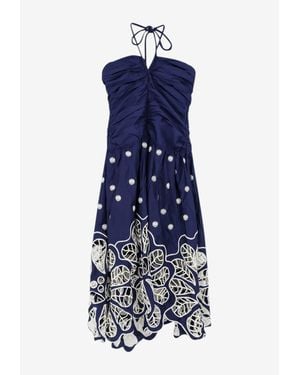 FARM Rio Richilieur Embroidered Halterneck Dress - Blue