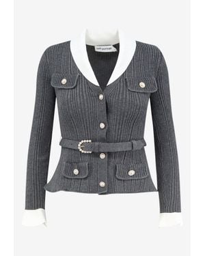 Self-Portrait Ribbed Knit Belted Cardigan - Blue