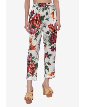 Dolce & Gabbana Floral-Print Turned-Up Cotton Trousers - Red