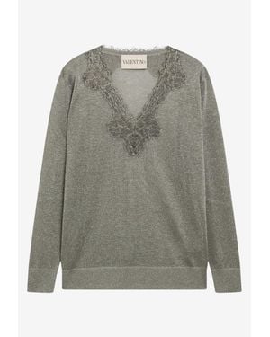 Valentino Lace V-Neck Sweater - Gray