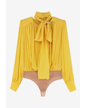 Elisabetta Franchi Silk Bodysuit Blouse With Scarf - Yellow