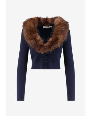 Self-Portrait Faux Fur-Trimmed Cardigan - Blue