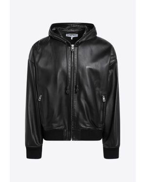 Loewe Leather Hooded Jacket With Logo-Patch - Black