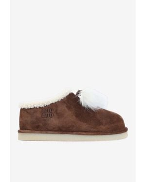 Miu Miu Suede Shearling Slippers - Brown