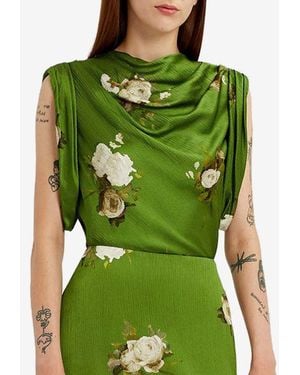 Erdem Floral Print Crinkle Satin Top - Green