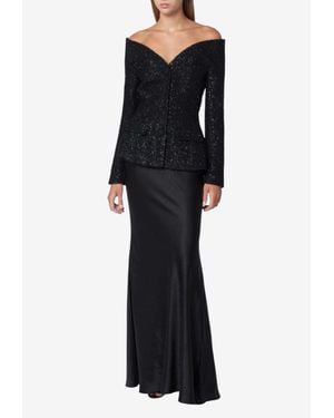 Self-Portrait Off-Shoulder Metallic Boucle Gown - Black