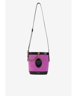 Versace Mini Pivot Suede Leather Bucket Bag - White