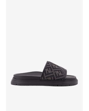Fendi Ff Jacquard Leather Slides - Grey