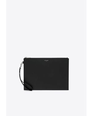 Saint Laurent Logo Stamp Leather Zip Pouch Bag - Black