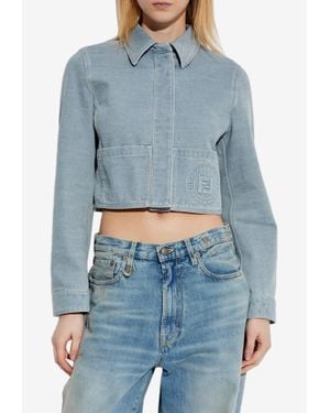 Fendi Logo Stamp Cropped Denim Jacket - Blue
