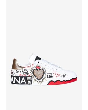 Dolce & Gabbana Portofino Graphic Print Leather Sneakers - White