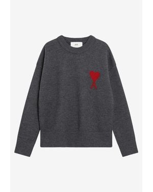 Ami Paris Ami De Coeur Intarsia Knit Wool Sweater - Grey