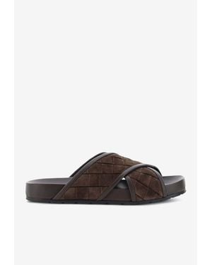 Bottega Veneta Tarik Intrecciato Suede Leather Slides - Brown