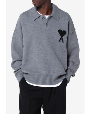 Ami Paris Ami De Coeur Wool Polo Sweater - Gray