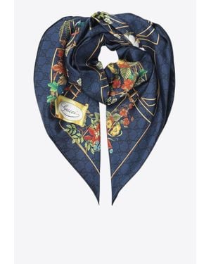 Gucci Floral Print Silk Scarf - Blue