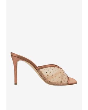 Andrea Wazen Astrid 85 Crystal Embellished Tulle Mules - Natural