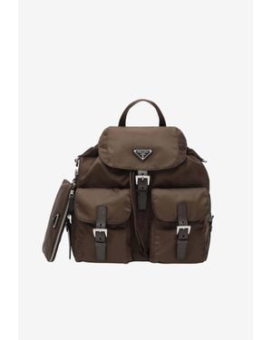 Prada Triangle Logo Re-Nylon And Saffiano Backpack - Brown