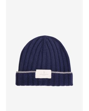Brunello Cucinelli Logo Patch Ribbed Beanie - Blue