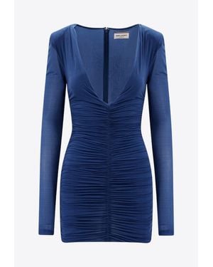 Saint Laurent Ruched Mini Dress With Deep V-Neckline - Blue