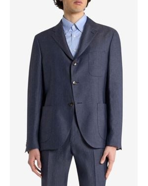 Etro Single-Breasted Linen Jacket With Chevron-Motif - Blue