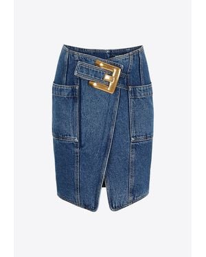 Balmain Belted Mini Denim Skirt - Blue