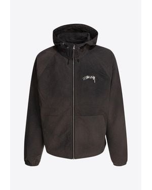Stussy Logo Print Zip-Up Jacket - Black