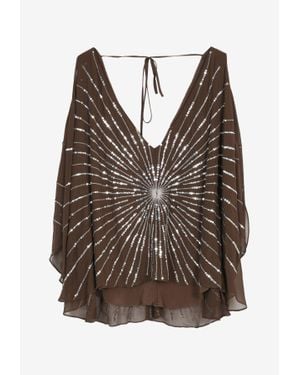 BCBGMAXAZRIA Cold-Shoulder Sequined Silk Top - Brown