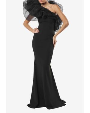 ZEENA ZAKI One-Shoulder Organza Maxi Dress - Black