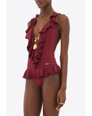 Chloé Ruffled V-Neck One-Piece Swimsuit - Red