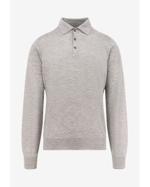 Brunello Cucinelli Long-Sleeved Cashmere Polo T-Shirt - Gray