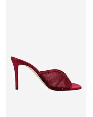 Andrea Wazen Astrid 85 Crystal Embellished Tulle Mules - Red