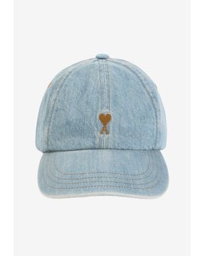 Ami Paris Ami De Coeur Washed Denim Cap - Blue