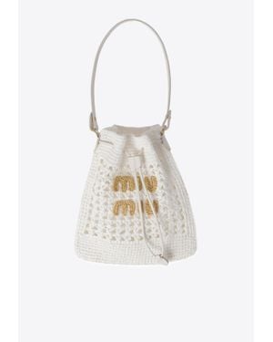 Miu Miu Mini Woven-Raffia Bucket Bag - White