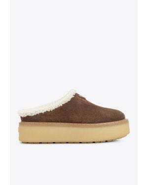 Prada Triangle Logo Suede Flatform Mules - Brown
