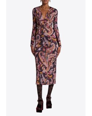 Etro Paisley Print Draped V-Neck Midi Dress - Red