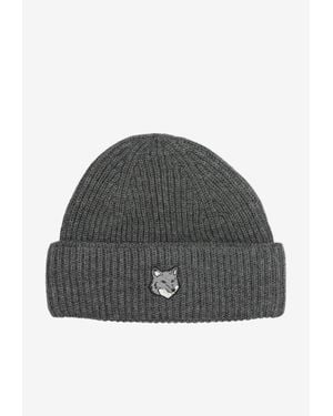 Maison Kitsuné Fox Head Ribbed Cuffed Beanie - Grey