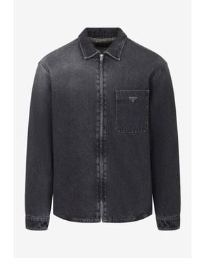 Prada Triangle Logo Zip-Up Washed Denim Overshirt - Black