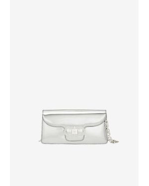 Ferragamo Mini Double Gancini Metallic Clutch - White
