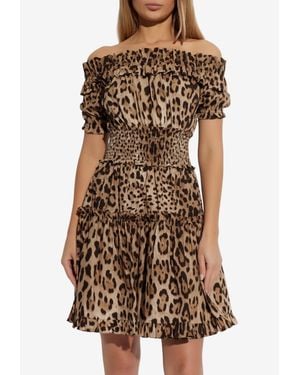 Dolce & Gabbana Off-Shoulder Leopard Print Ruffled Mini Dress - Brown
