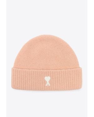 Ami Paris Ami De Coeur Ribbed Knit Beanie - Natural