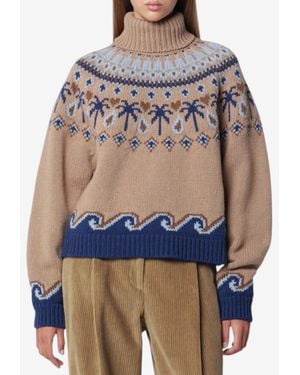 Alanui Fair Isle Palm-Tree Wool Turtleneck Jumper - Blue
