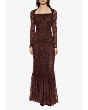 Etro Paisley Lace Maxi Dress With Scalloped Square Neckline - Brown