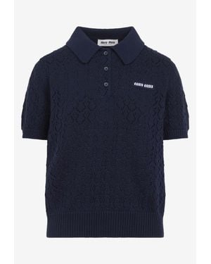 Miu Miu Openwork Lace-Effect Knit Polo T-Shirt - Blue